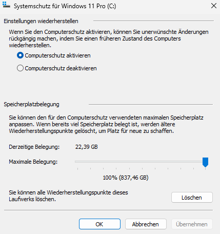 weitere Einstellungen Systemschutz