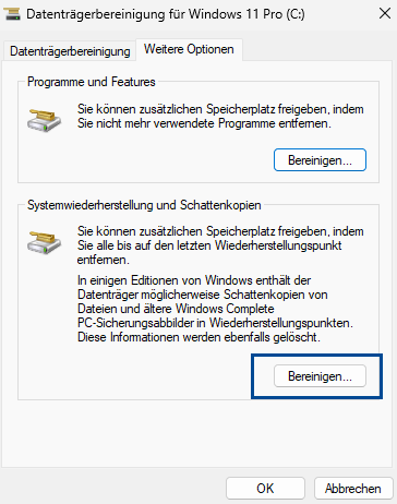 weitere Optionen Bereinigen